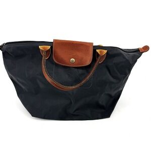 Longchamp Le Pliage Handbag Black Nylon Leather Trim Tote Bag Classic Minimalist